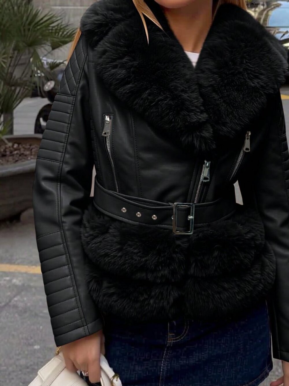 Black Casual Women's Faux Leather Jacket With Elegant Faux Fur Collar